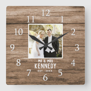 Horloge Carrée Bois de photo de mariage personnalisé rustique pou