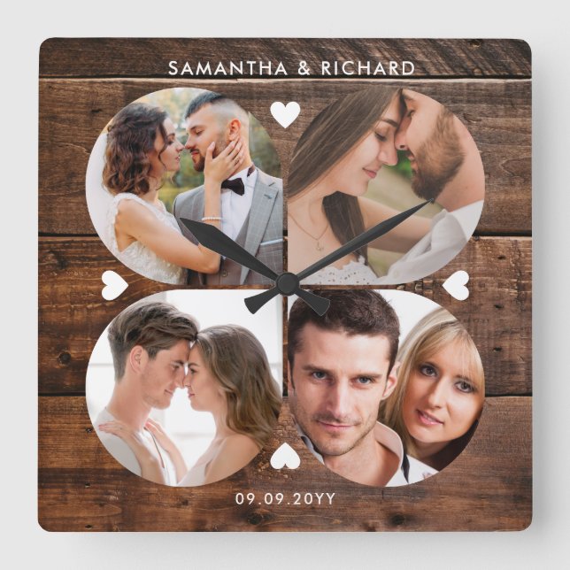 Horloge Carrée Bois foncé 4 Photo Collage Anniversaire Mariage (Recto)