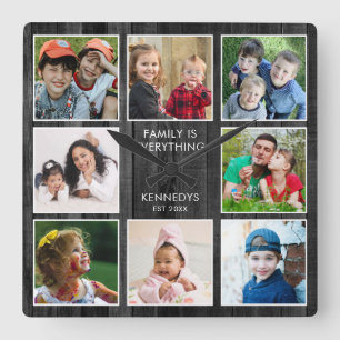 Horloge Carrée Bois Noir Rustique 8 Cadre Photo Famille Citation