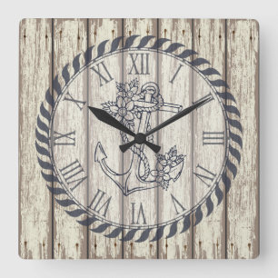 Horloge Carrée Bois Peint Rustique Planes Floral Ancre Nautique