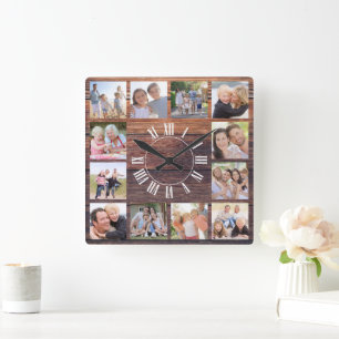 Horloge Carrée Bois rustique 12 Collage photo