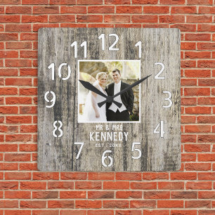 Horloge Carrée Bois rustique 5e anniversaire Mariage Photo