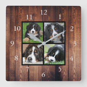Horloge Carrée Bois rustique Famille collage photo personnalisé