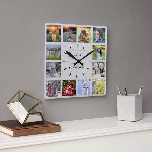 Horloge Carrée Bois rustique Famille photo collage nom monogramme (Bureau)