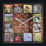 Horloge Carrée Bois rustique Famille photo collage nom monogramme<br><div class="desc">Collage photo de famille personnalisée sur horloge arrière - plan en bois rustique. Ajoutez vos photos personnelles et votre nom pour personnaliser l'horloge et vous créerez une horloge très personnelle et unique.</div>