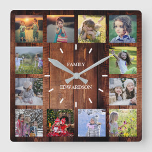 Horloge Carrée Bois rustique Famille photo collage nom monogramme