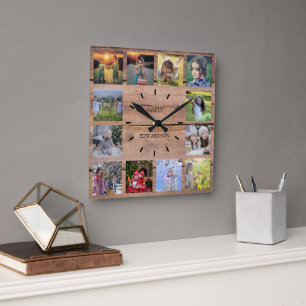Horloge Carrée Bois rustique Famille photo collage nom monogramme