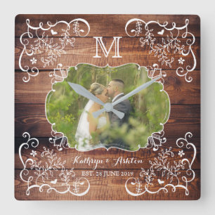 Horloge Carrée Bois rustique Mariage Photo Panneau de bois Monogr