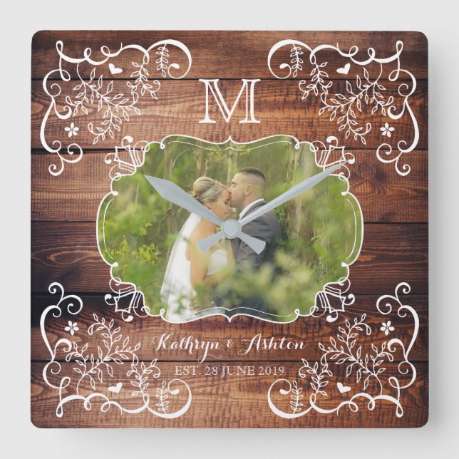 Horloge Carrée Bois rustique Mariage Photo Panneau de bois Monogr (Recto)