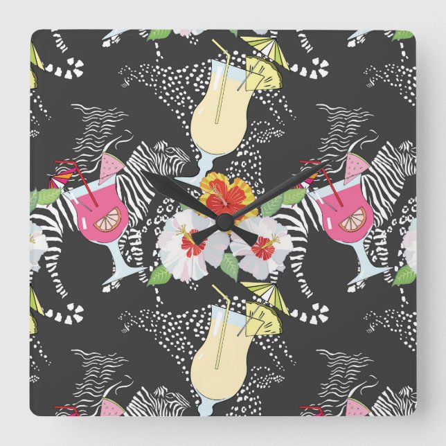 Horloge Carrée Boissons Tropicales Avec Animaux (Recto)