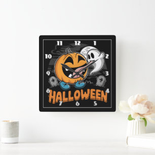 Horloge Carrée Bon fantôme et citrouille célébrant Halloween