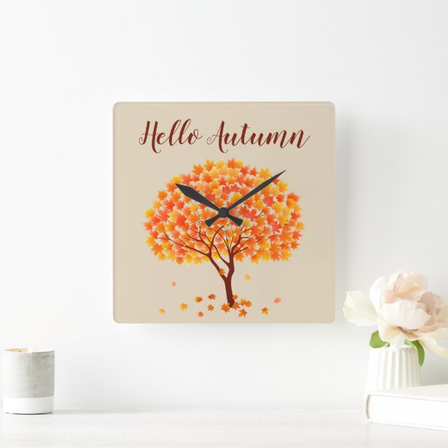 Horloge Carrée Bonjour Arbre à érable d'automne (Maison)