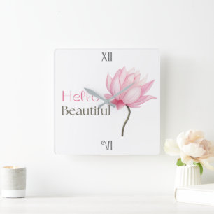Horloge Carrée Bonjour Belle Fleur de Lotus