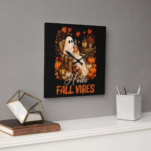 Horloge Carrée Bonjour Vibrations d'Automne Fantôme Mignon Citrou