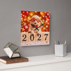 Horloge Carrée Bonne année 2027 Année de la Chèvre Mouton