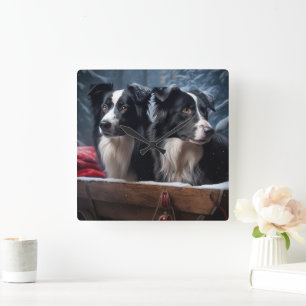 Horloge Carrée Border Collie enneigé Luge Décor Noël  