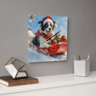 Horloge Carrée Border Collie sur un traîneau Laissez neige Noël