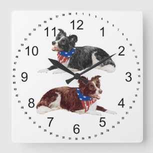 Horloge Carrée Border Collies patriotiques