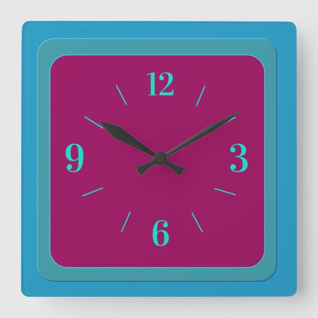 Horloge Carrée Bordure bleu-vert atmosphérique avec centre cerise (Recto)