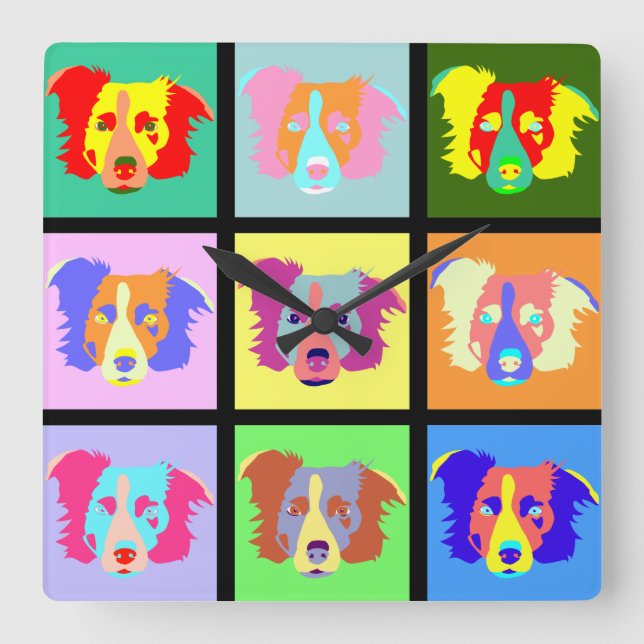 Horloge Carrée Bordure Collie Pop Art (Recto)
