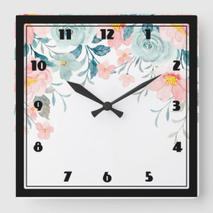 Horloge Carrée Bordure florale rose et verte