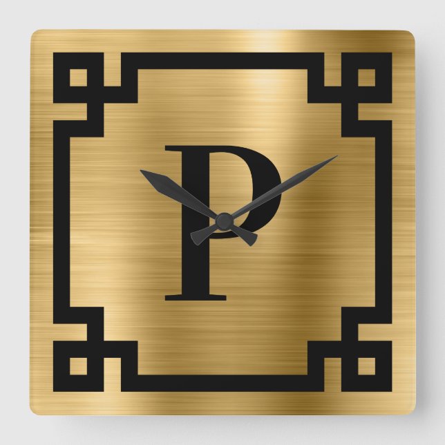 Horloge Carrée Bordure grecque dorée et noire Monogramme (Recto)