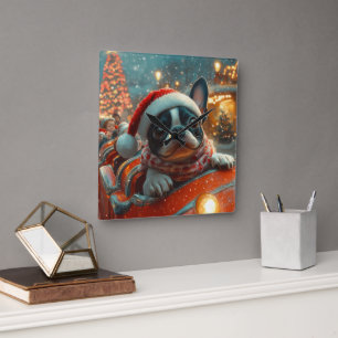 Horloge Carrée Boston Terrier Dog Roller Dessous de verre Noël
