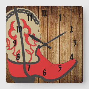 Horloge Carrée Botte de cowboy rouge