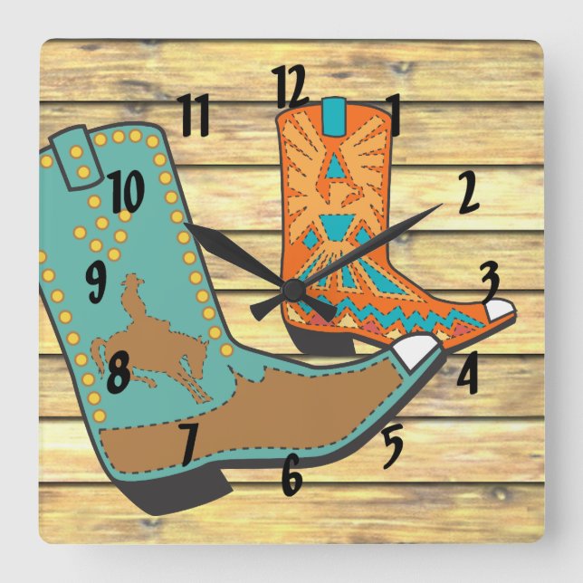 Horloge Carrée Bottes Cowboy en orange et bleu (Recto)