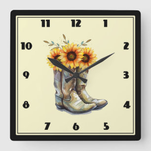 Horloge Carrée Bottes rustiques Cowboy avec tournesol