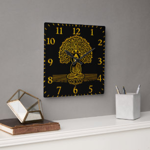 Horloge Carrée Bouddha d'or sous l'arbre avec fleurs de Lotus