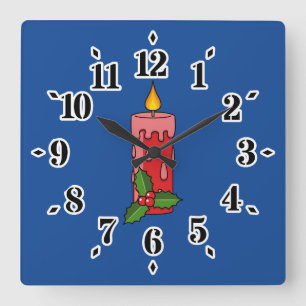 Horloge Carrée Bougie de Pilier Rouge de Noël avec Holly