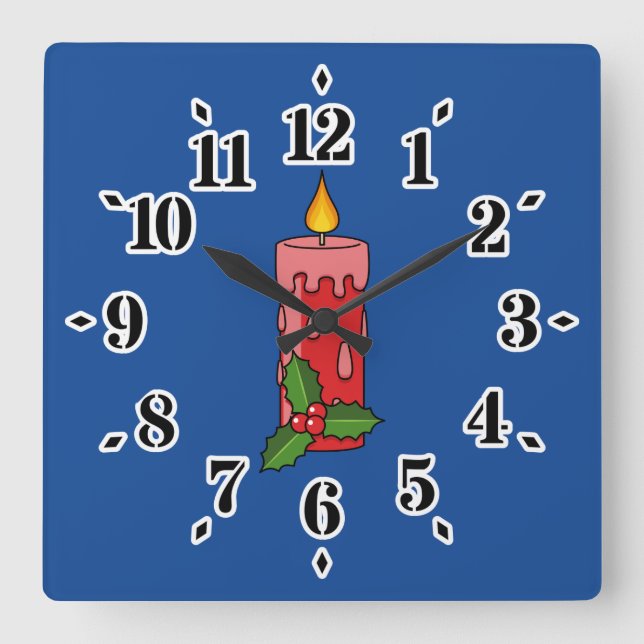 Horloge Carrée Bougie de Pilier Rouge de Noël avec Holly (Recto)