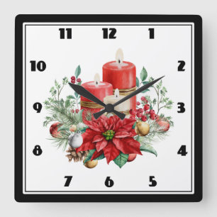 Horloge Carrée Bougies aquarelles et Noël de Poinsettia