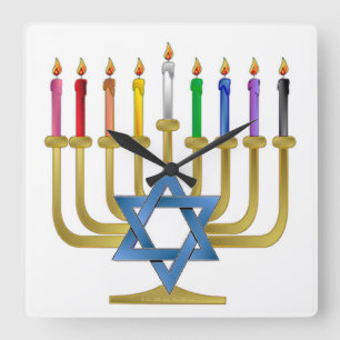 Horloge Carrée Bougies arc-en-ciel de Hanukkah Menorah en or