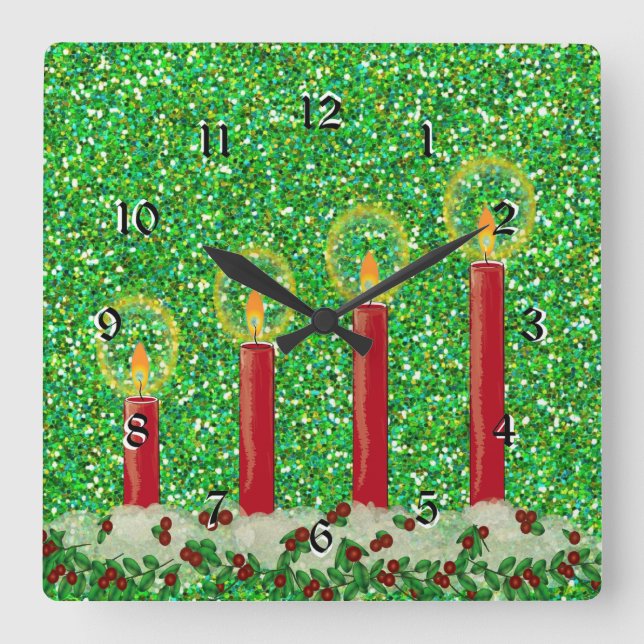 Horloge Carrée Bougies rouges de Noël, design assez étincelant (Recto)