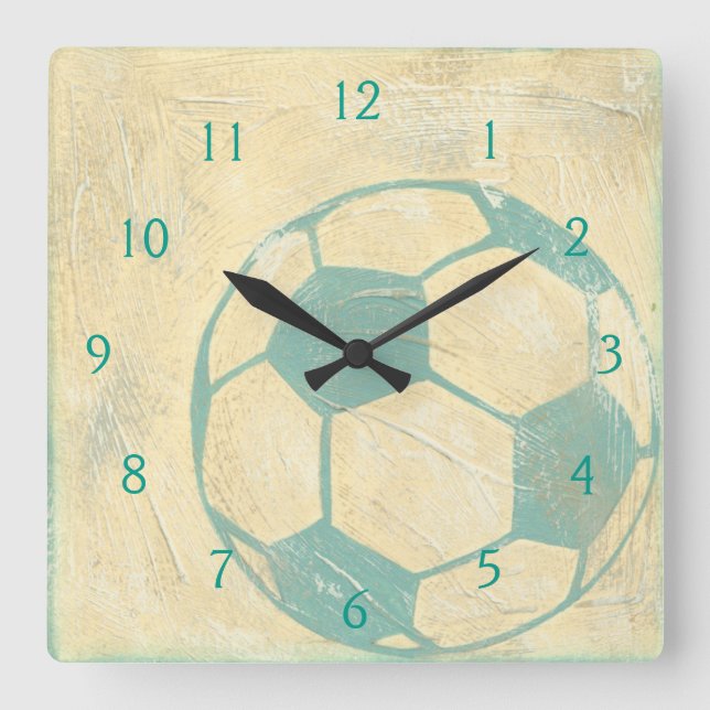 Horloge Carrée Boule de soccer bleu Pastel par Chariklia Zarris (Recto)