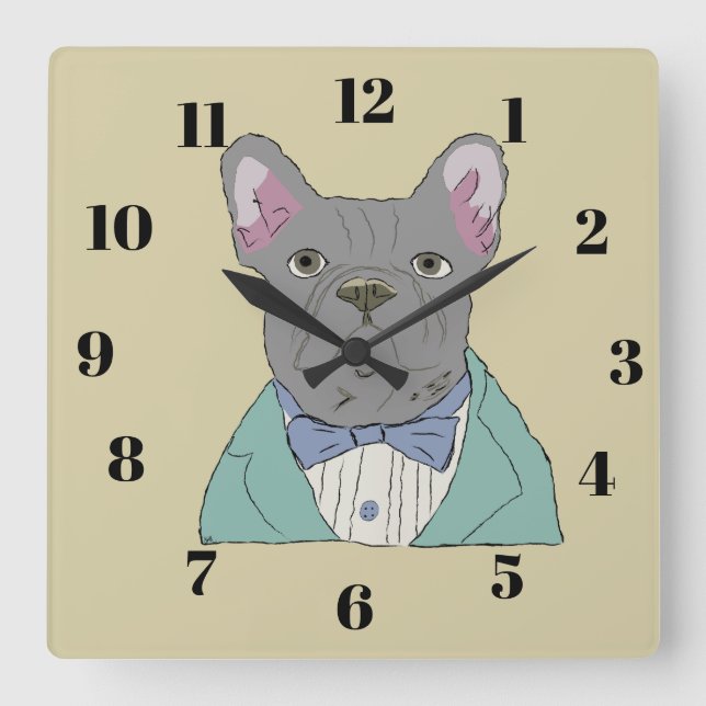 Horloge Carrée Bouledogue français gris (Recto)
