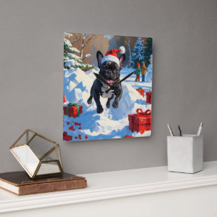 Horloge Carrée Bouledogue français noir scène de neige festive de