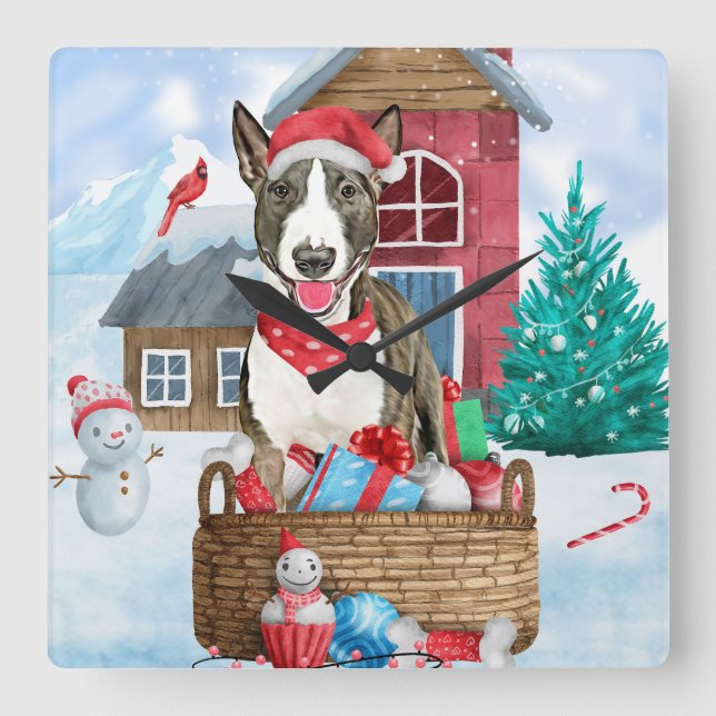 Horloge Carrée Bouledogue Terrier dans la maison de Noël enneigée (Recto)