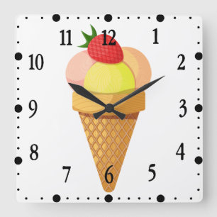 Horloge Carrée Boules de crème glacée et fraise en cône gaufre