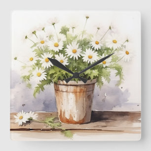 Horloge Carrée Bouquet Aquarelle Daisy En Pot