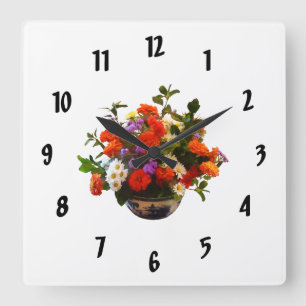 Horloge Carrée Bouquet avec mamans et marguerites