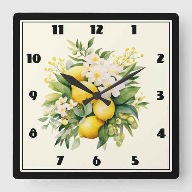 Horloge Carrée Bouquet de citron aux fleurs blanches (Recto)