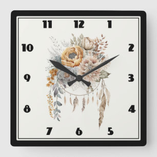 Horloge Carrée Bouquet de fleurs Boho et Dreamcatcher