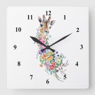 Horloge Carrée Bouquet de fleurs colorées Giraffe - Dessin Floral