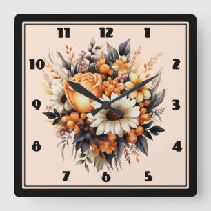 Horloge Carrée Bouquet de fleurs gris-jaune orange