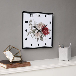 Horloge Carrée Bouquet de fleurs rouge gris et crème Boho