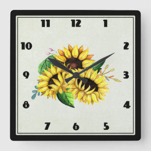 Horloge Carrée Bouquet de tournesol jaune en aquarelle