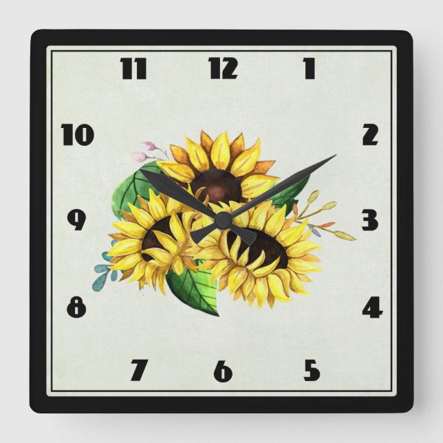 Horloge Carrée Bouquet de tournesol jaune en aquarelle (Recto)